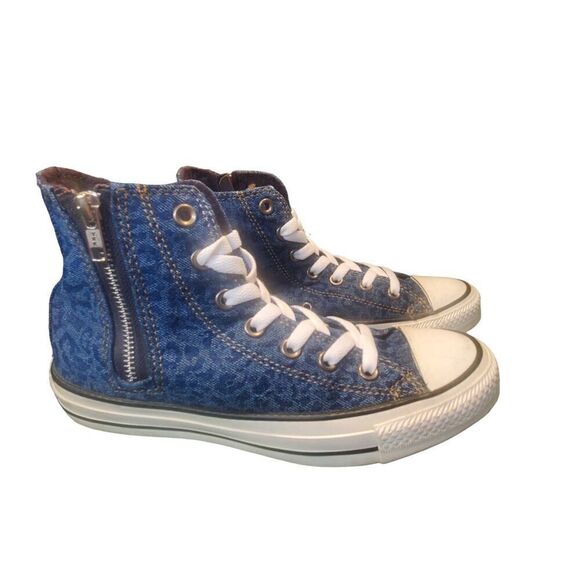 Converse Chuck Taylors Denim Leopard Mid High Sneakers Shoes W/ Zip Original Siz - Picture 3 of 11